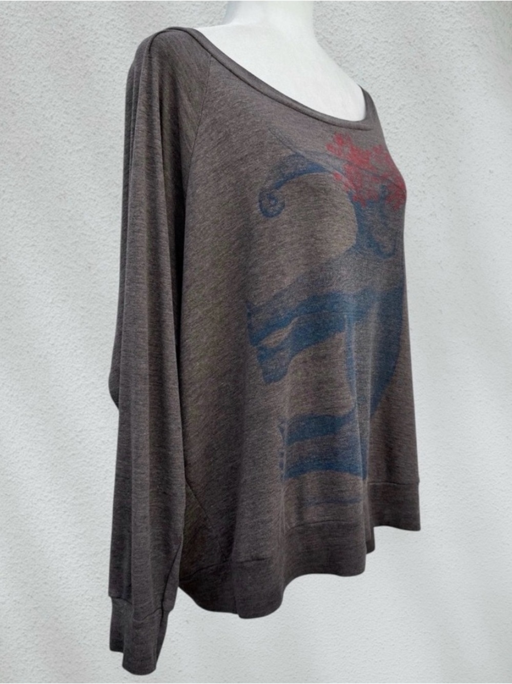 Supermaggie Elephant & Floral Heather Taupe Batwing Sleeve Graphic Knit Top, L - Picture 2 of 10